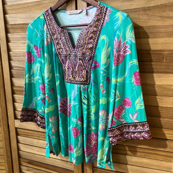 Soft Surroundings Maddalena Embroidered Beaded Tunic Blouse Top MP Turquoise - Picture 4 of 15